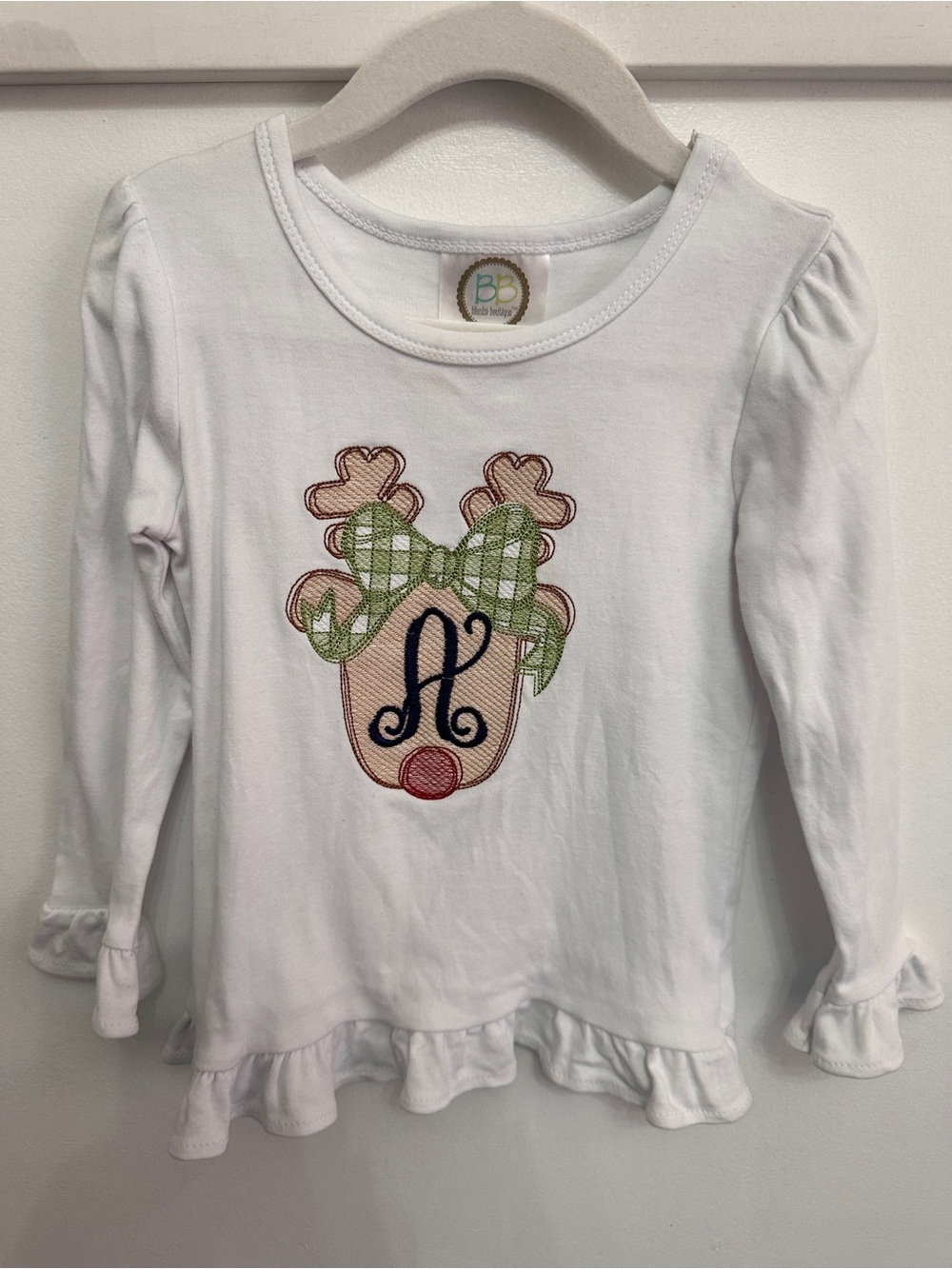 White Long-Sleeve Top with Green Bow Reindeer Applique